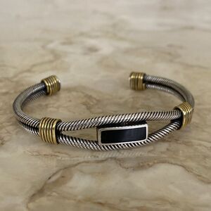 925 Sterling Silver, Brass & Black Enamel Unisex Cuff Bracelet 29g